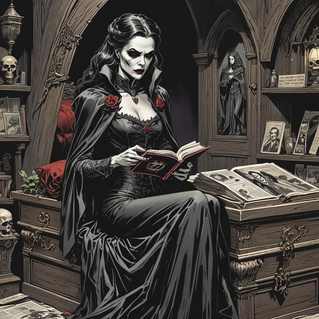 Vampire Lady Reads Comics in Coffin
