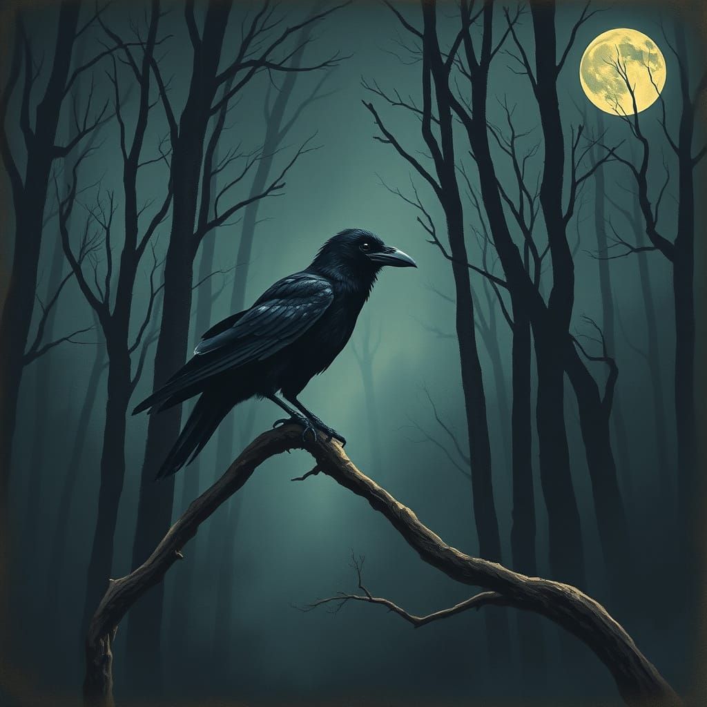 Mystical Raven in Moonlit Forest, Impressionistic Style