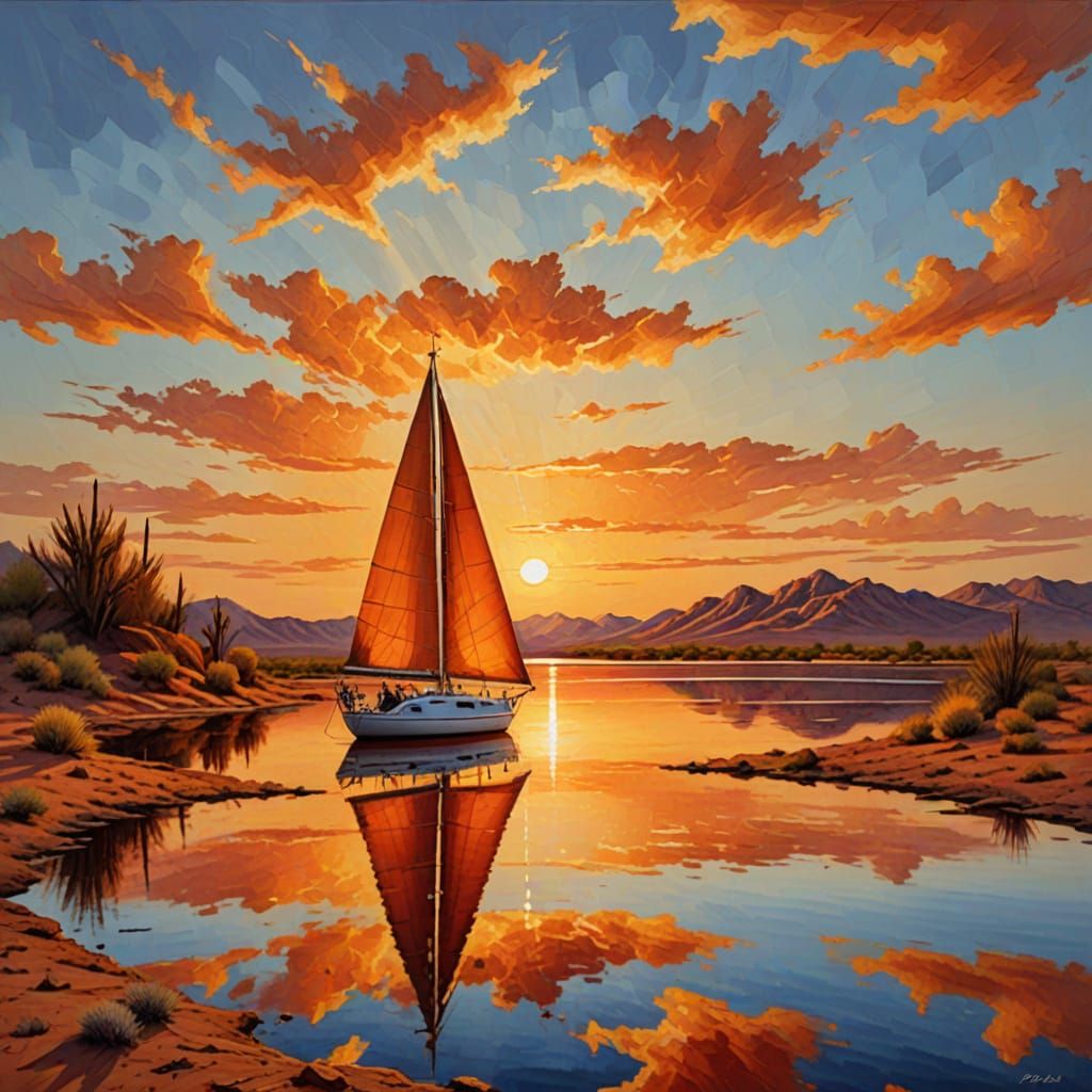 Desert Lake Sunset: A Triadic Color Oil Painting