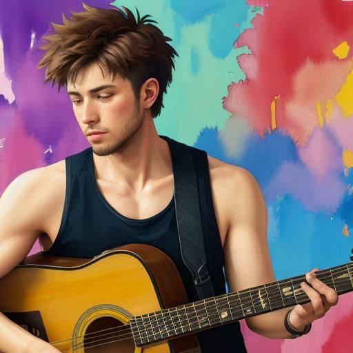 Man Tuning Guitar in Gouache Style Impressionist Painting