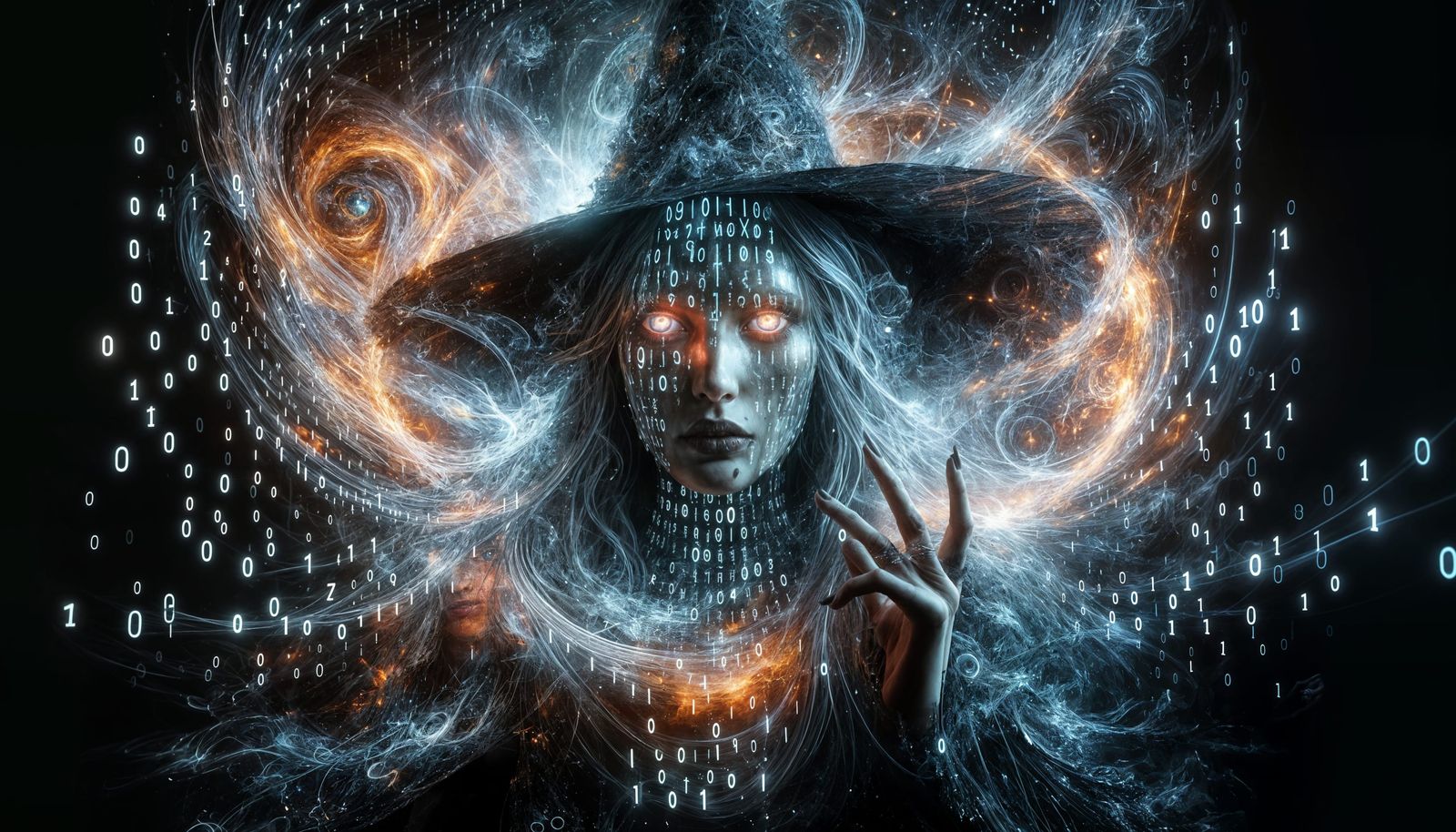 Gothic Witch Amidst Digital Data Vortex
