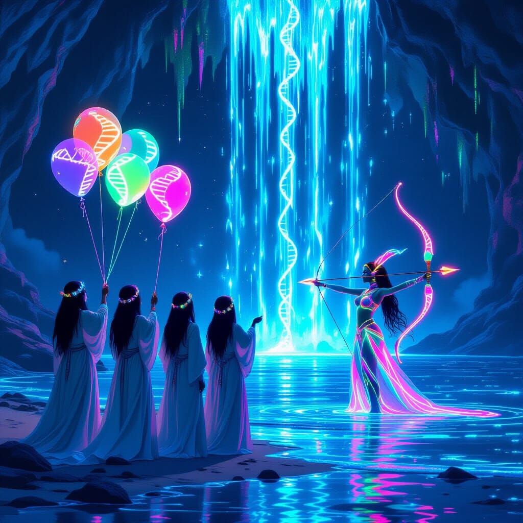 Elves and Alien on Cosmic Shore in Ash Thorp Style