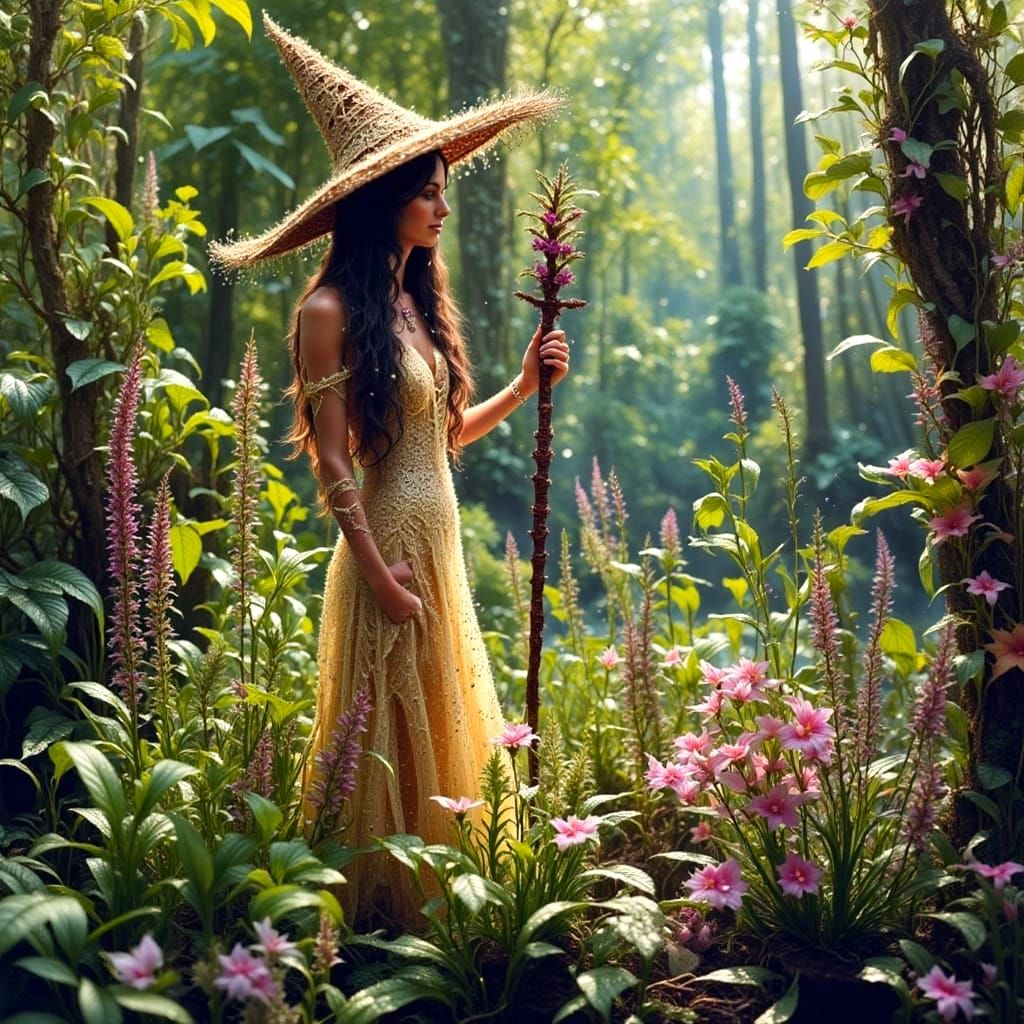 Mystical Hemp Nymph Watering a Magical Garden with Backlit D...