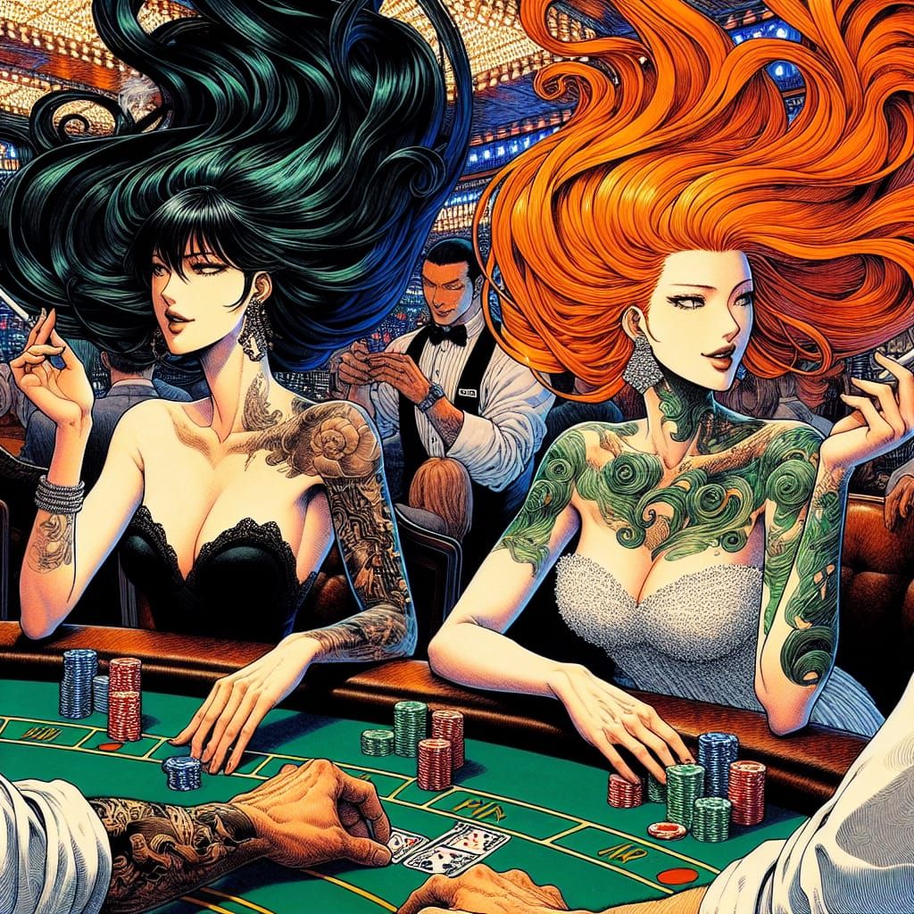 Manga-Style Women Playing Poker in Casino