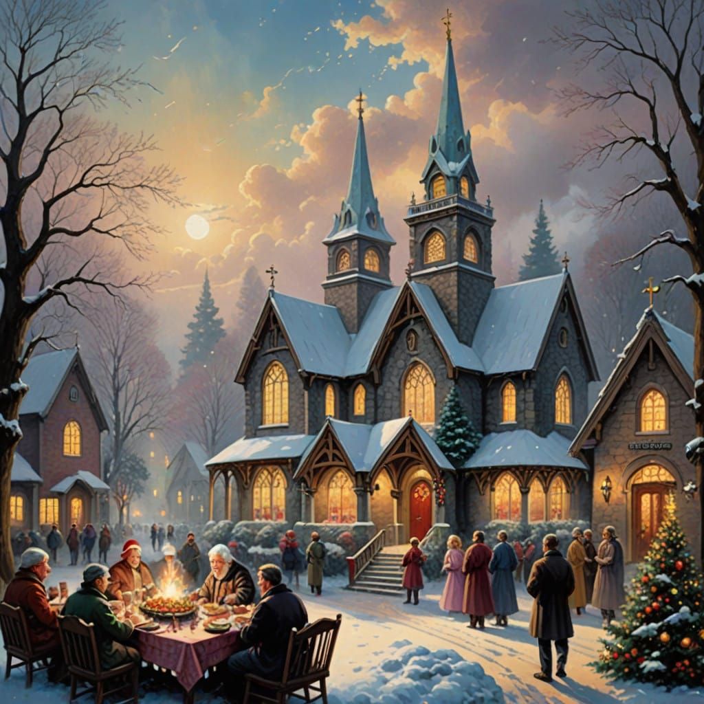 Whimsical Christmas Gathering in an Ethereal Gouache Style