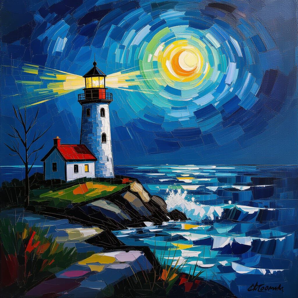 Lighthouse in Stormy Night: Expressionist Oil Painting