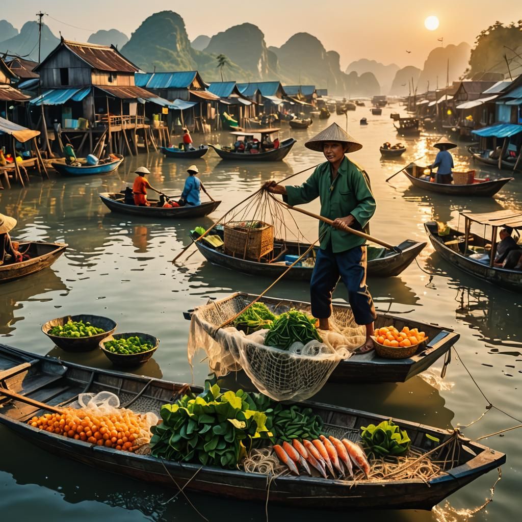 Fisherman in cua van  floating village