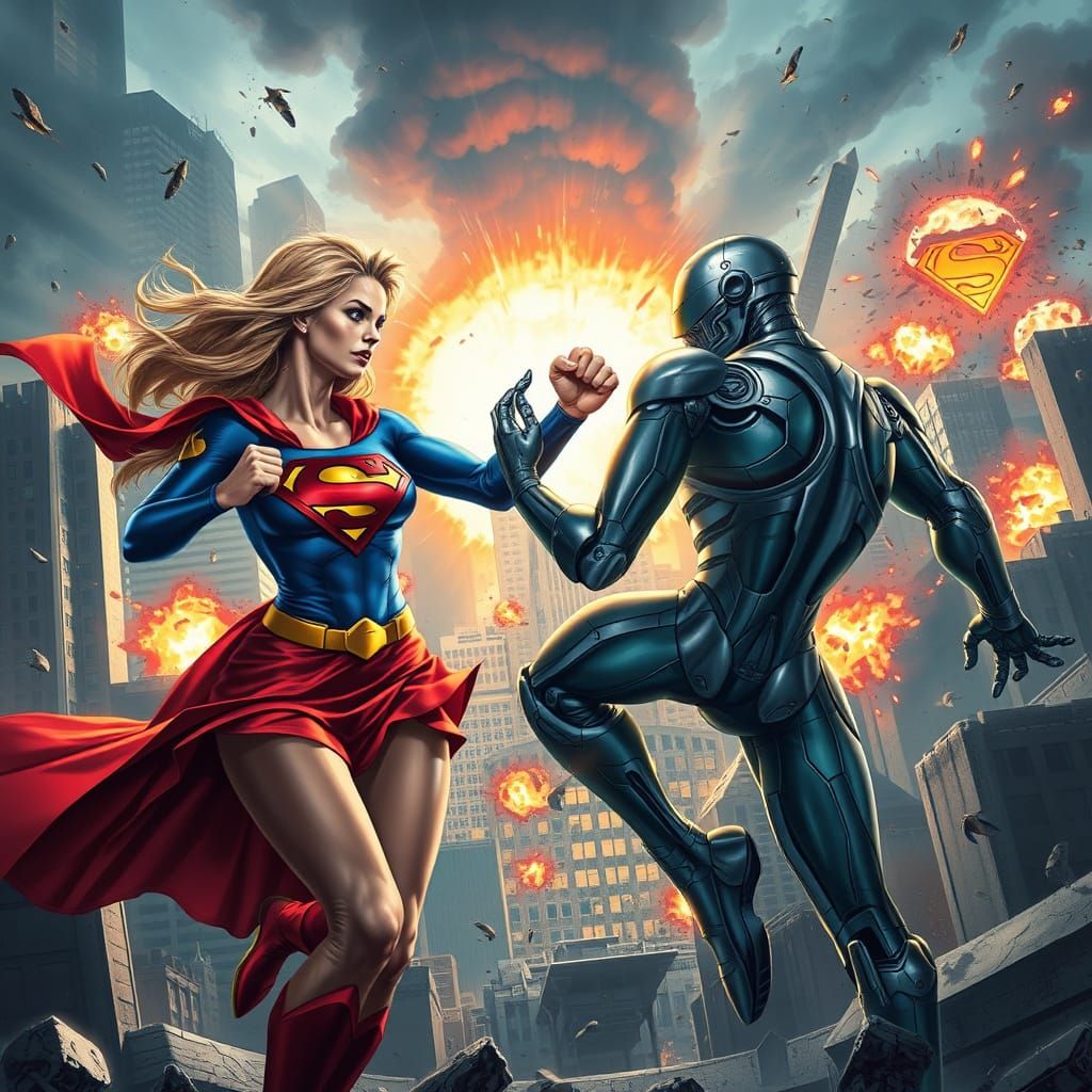 Supergirl Fights Brainiac in Epic Comic Book Style