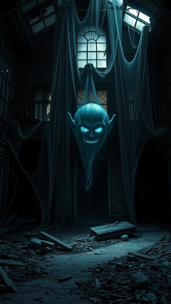 "A haunted house with cobwebs growing on the window and a gh...