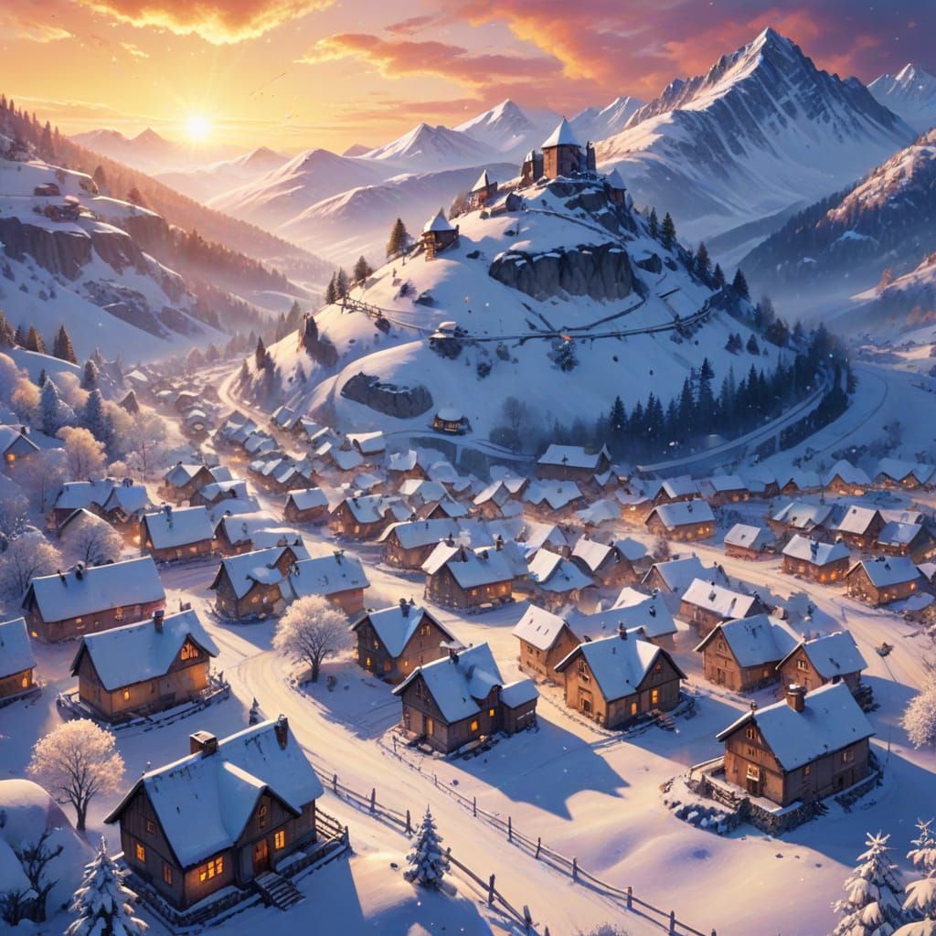 Snowy Village in Valley: Watercolor Winter Wonderland