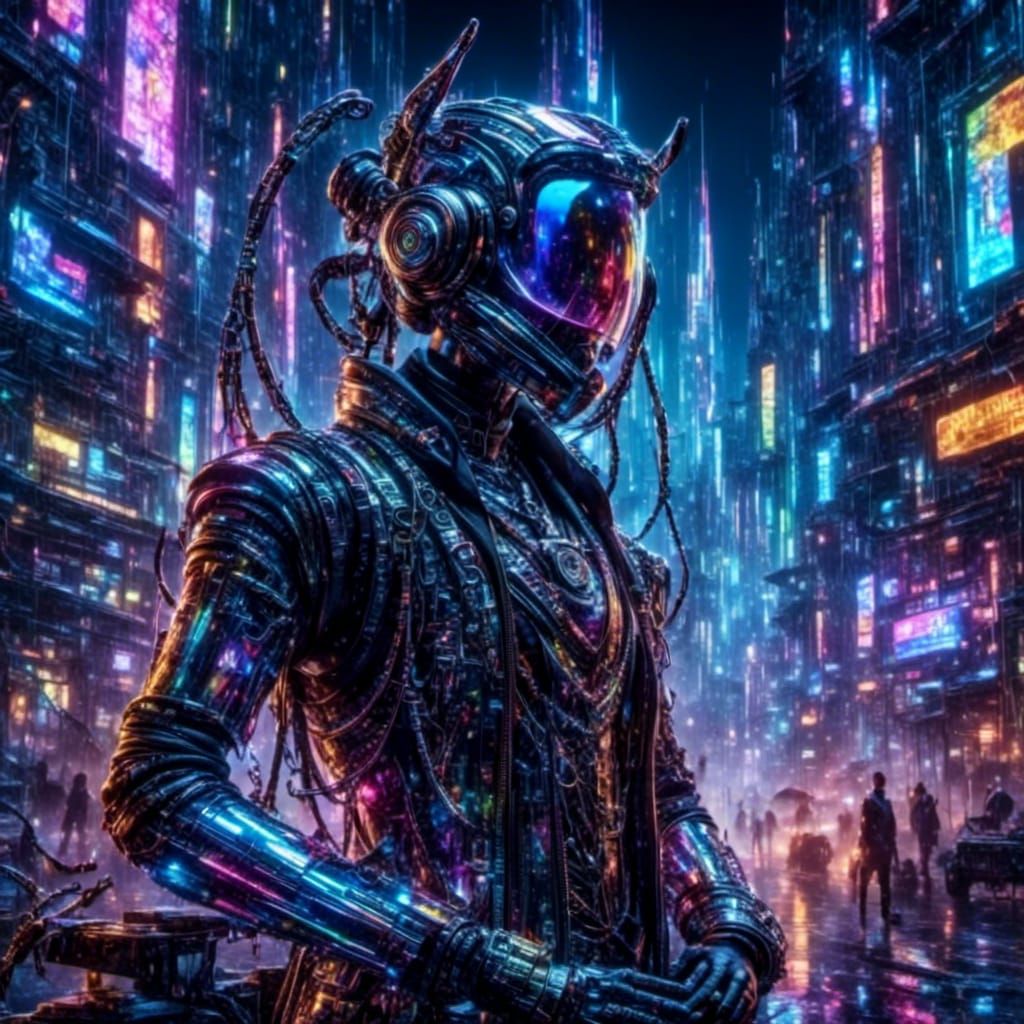 Holographic Asian Android in Futuristic Style