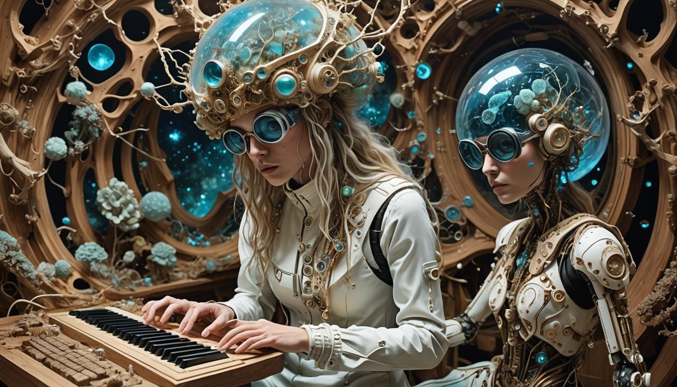 Ethereal Figures Compose Poems in Sunset Galaxy