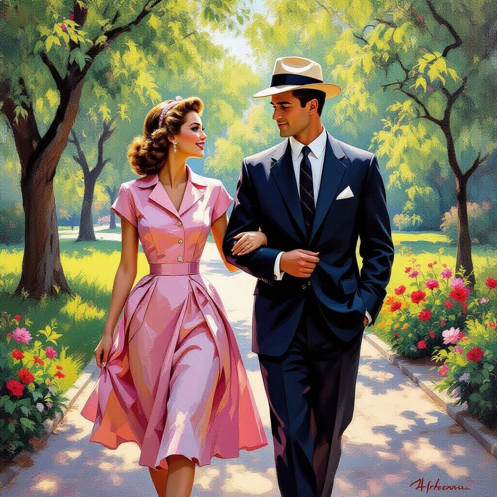 Couple Strolling in Park with Impasto Textures