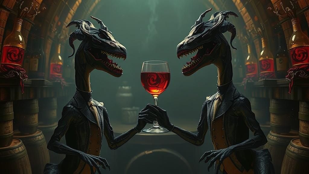 Velociraptor-Demon Hybrid Doppelganger in Ornate Wine Cellar