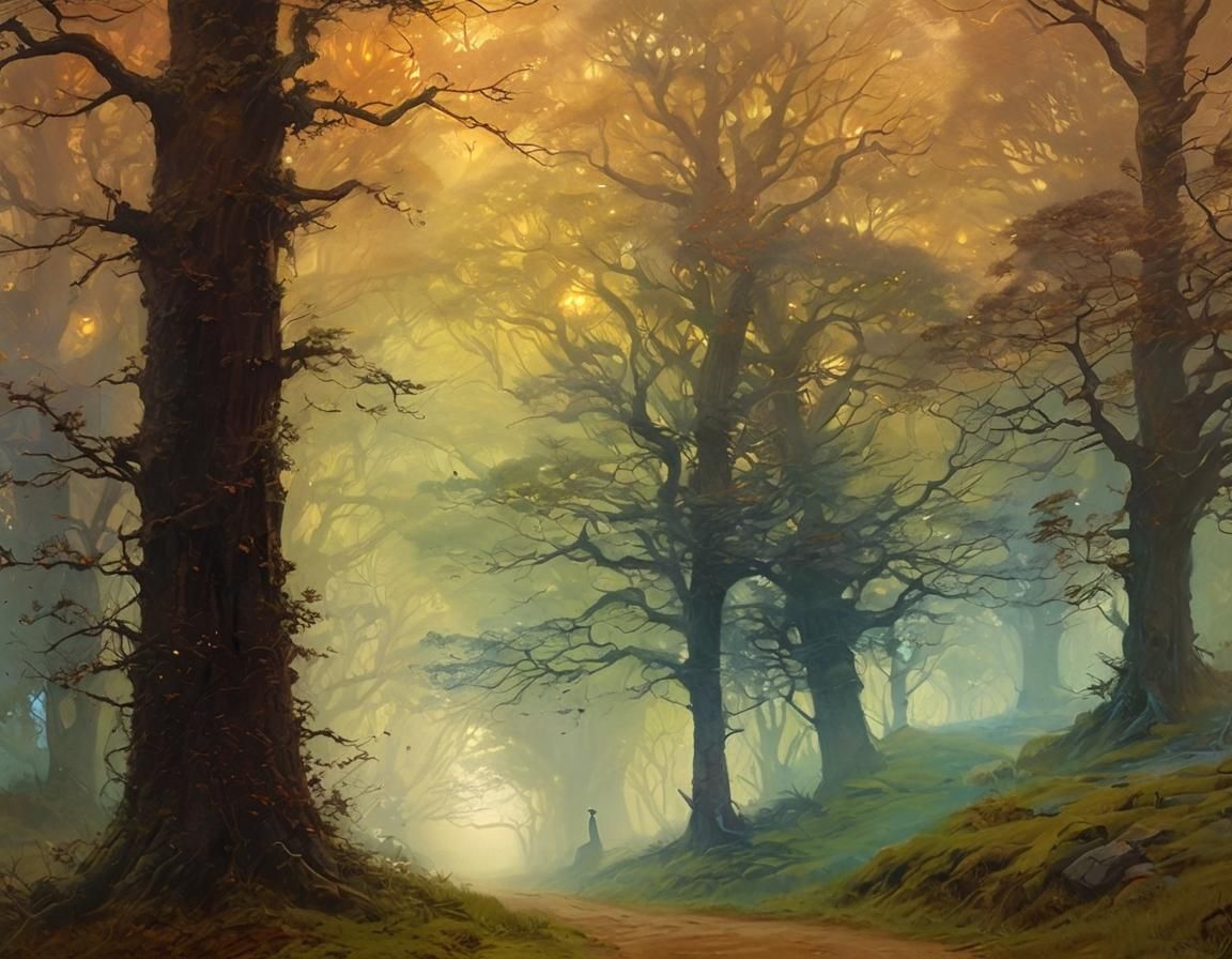 Mystical Valley Landscape with Glowing Mist