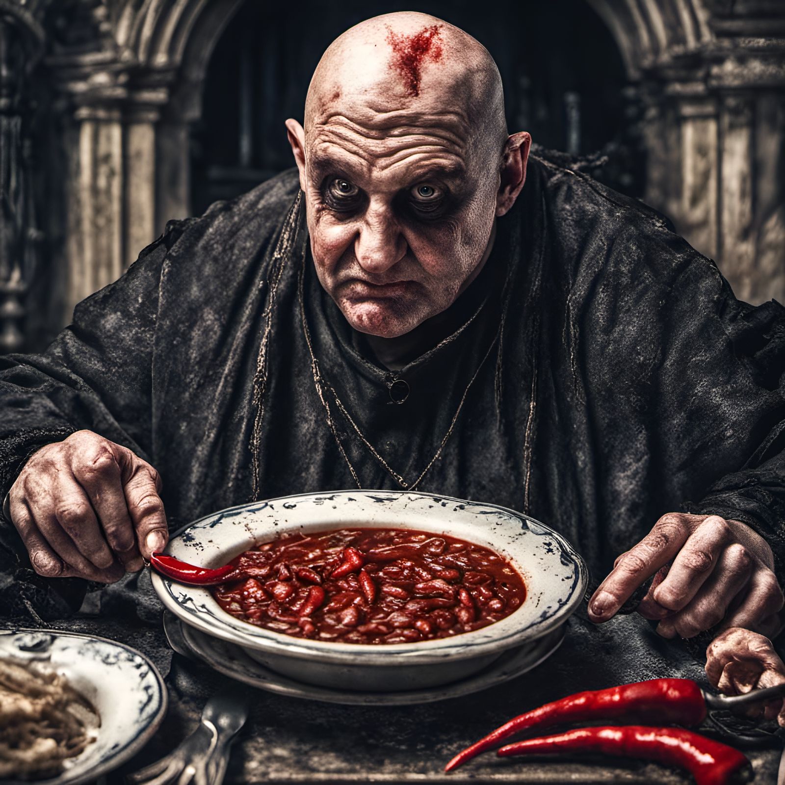 Uncle Fester eating a bowl of Chili
