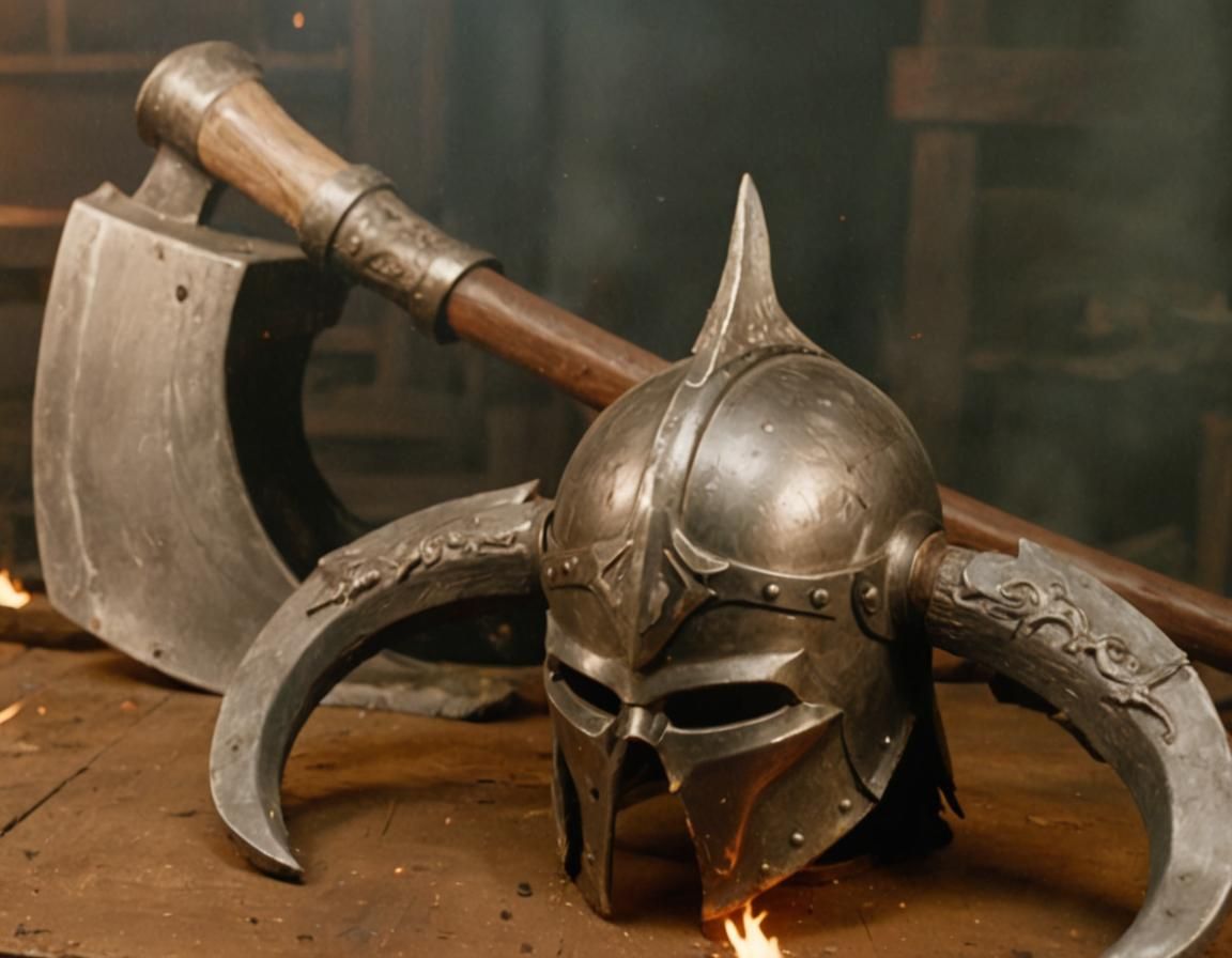 barbarian helmet and axe on a table in a blacksmith's forge