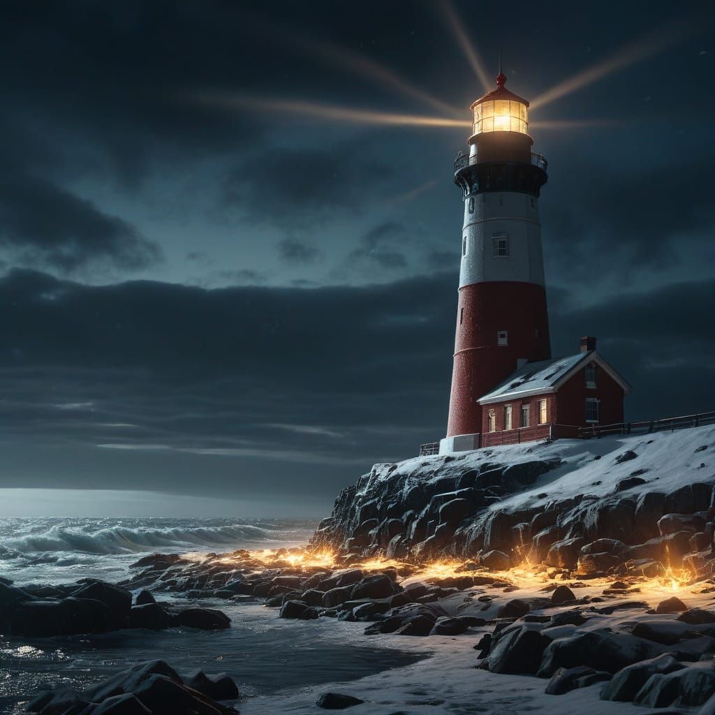 Glowing Lighthouse on Snowy Shore in Photorealistic Style