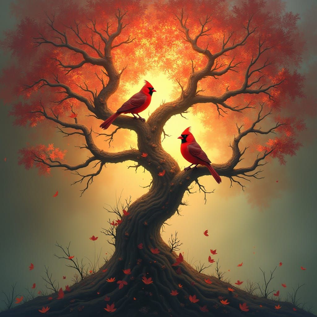 Ethereal Tree of Life with Cardinals in Dreamlike Realm