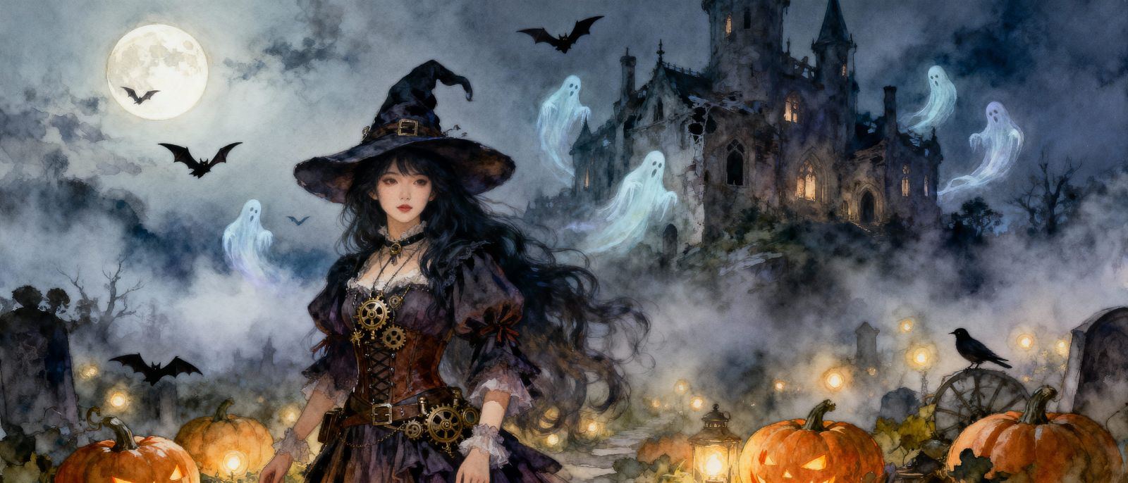 Gothic Castle with Steampunk Witch Under Full Moon