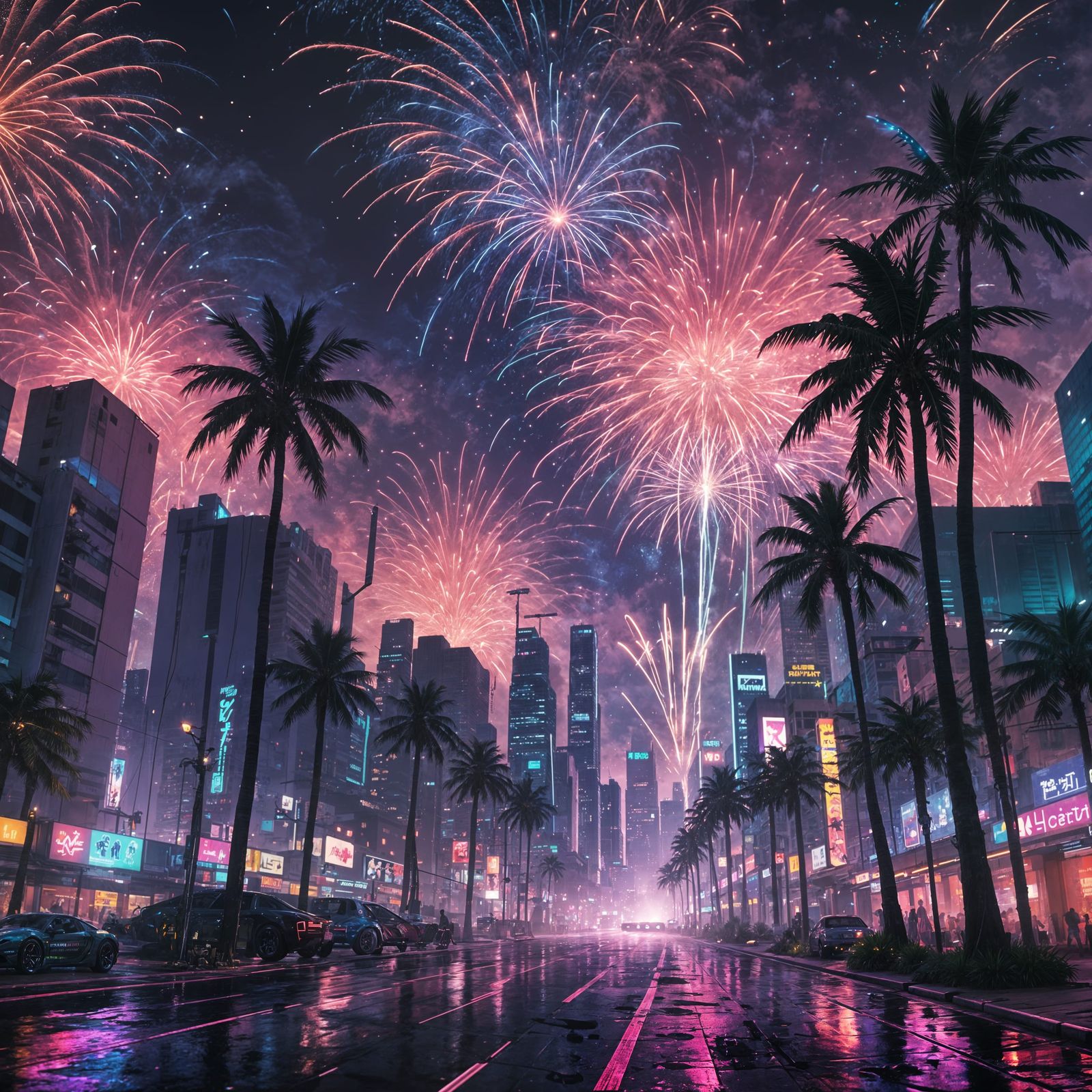Neon Palm Trees Under Fireworks in Cyberpunk Style