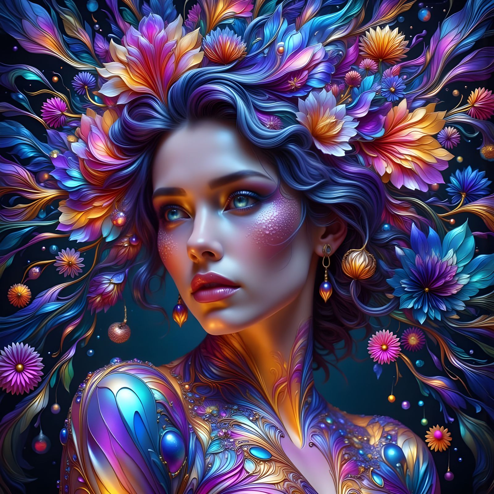 Ethereal Woman Portrait in Fractal Stained Glass Style