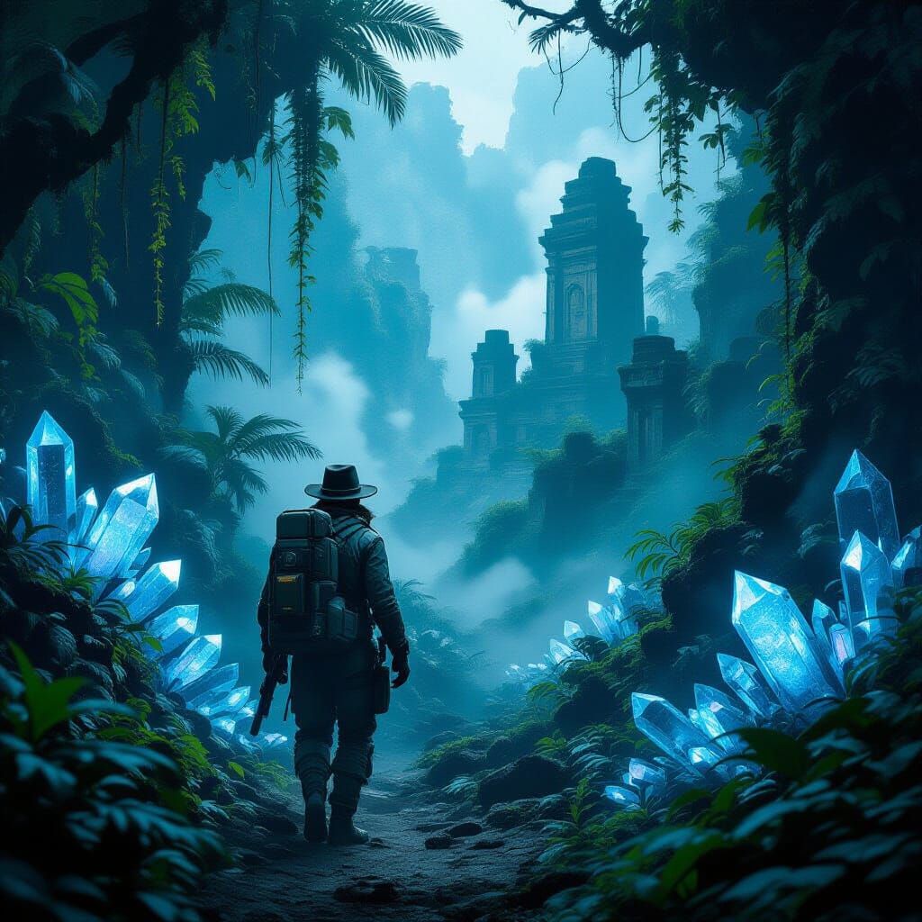 Dieselpunk Explorer in Bioluminescent Jungle