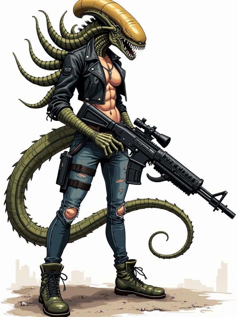 Cyberpunk Warrior Alien in Combat Pose