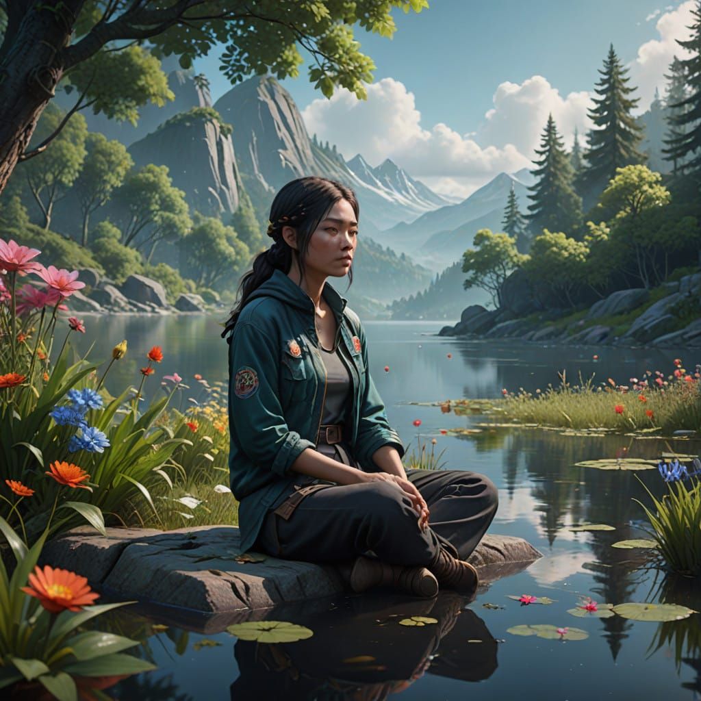 Serene Goddess Amidst Vibrant Oasis