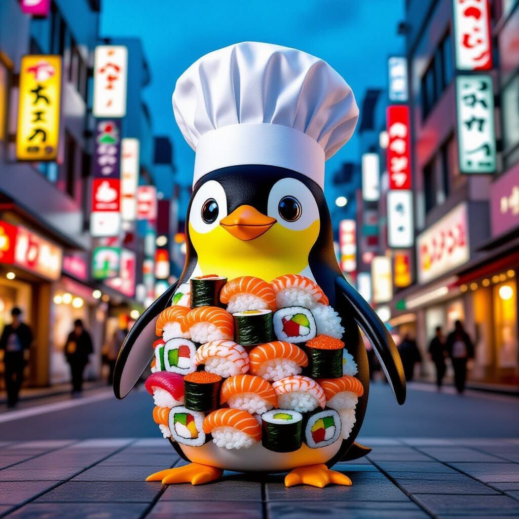 Sushi Penguin Chef in Tokyo, Illustrative Style