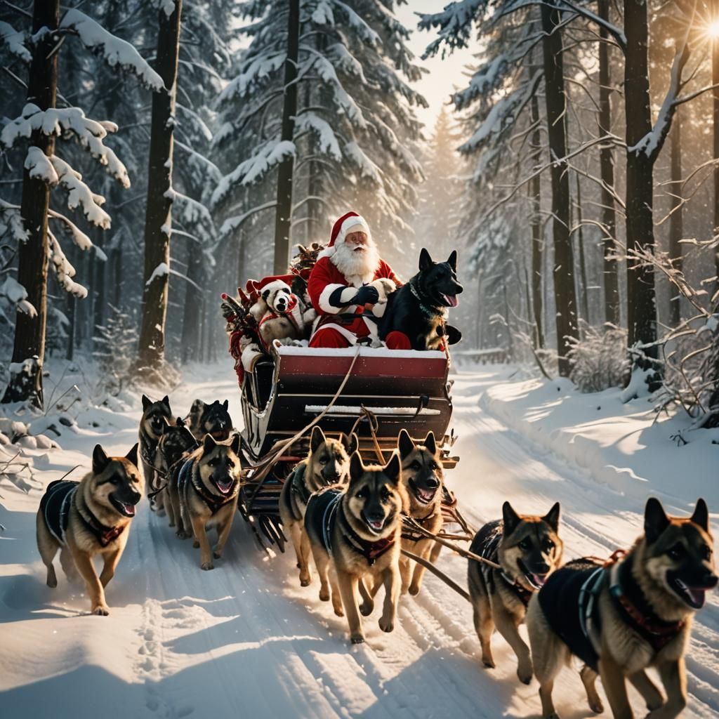 Santa Panda Sleigh Ride Through Snowy Forest