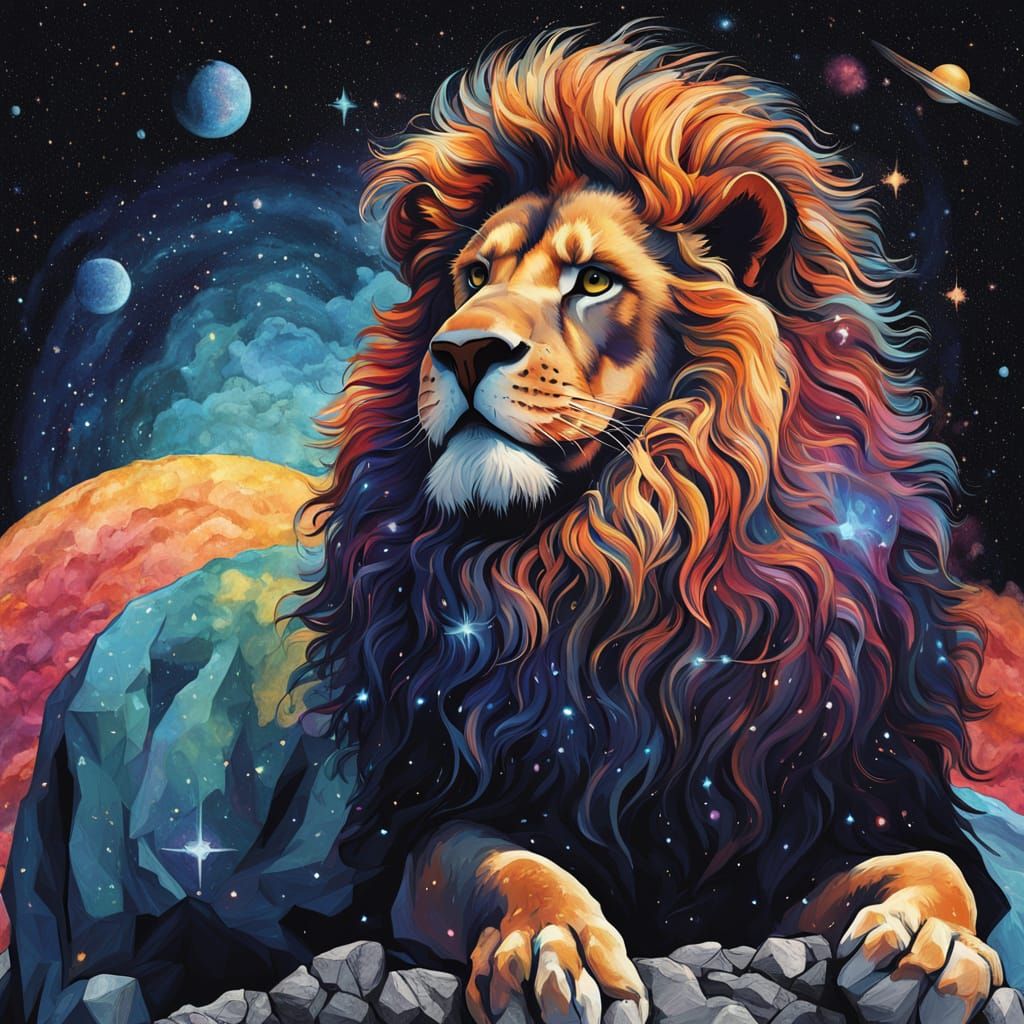 Cosmic Lion in Surrealist Galaxy Dreamscape