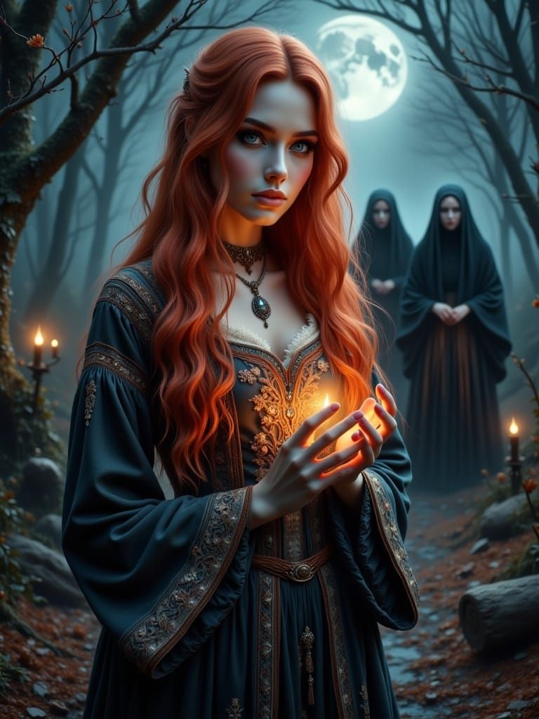 Ethereal Hungarian Witch in 13th-Century Attire, Surrounded ...