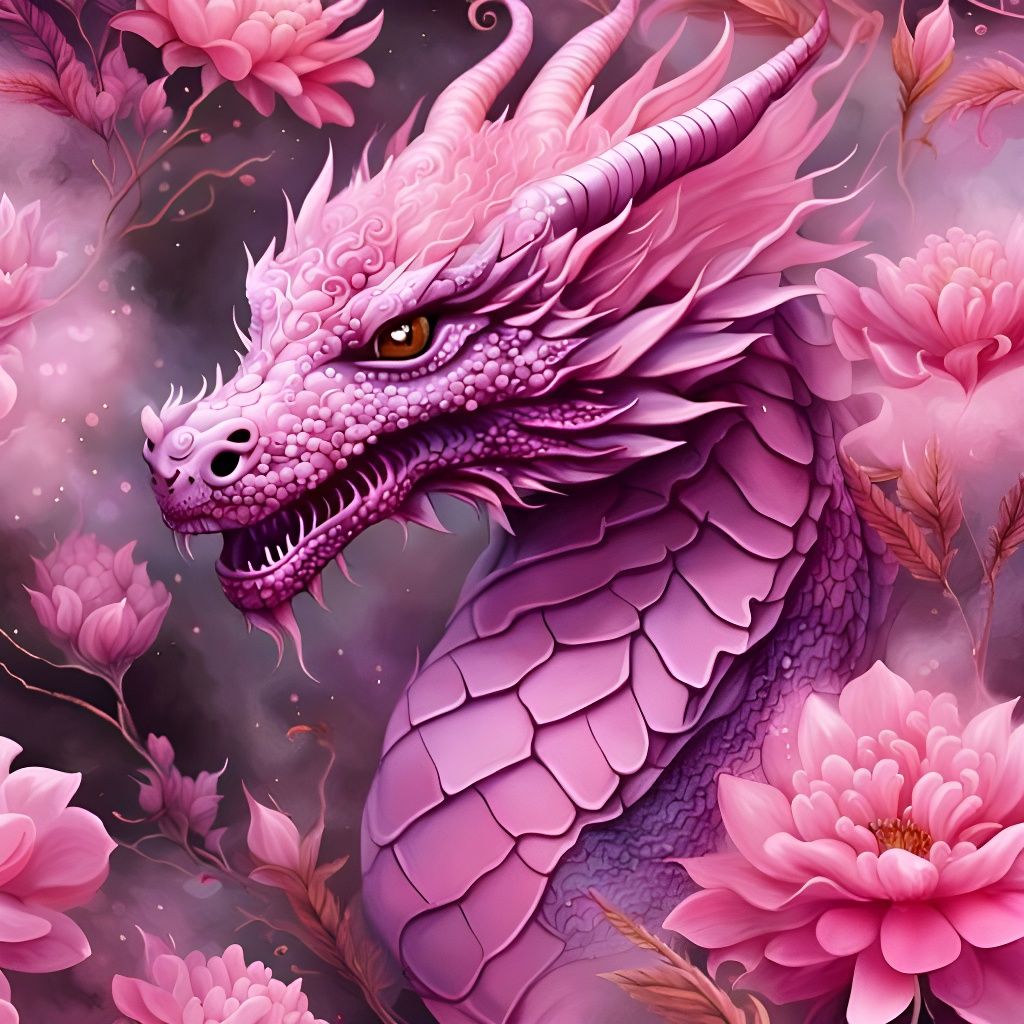 Pink Pearlescent Dragon Emerges from Floral Smoke