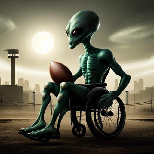 Alien Athlete in Wheelchair: Detailed Matte Painting