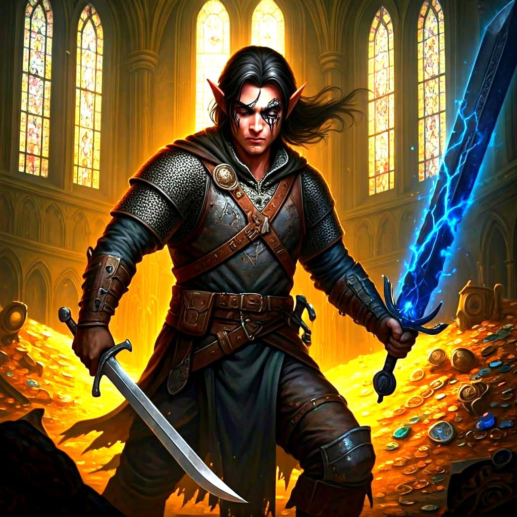 Half-Elf Rogue in Treasure Hall, Oil Painting