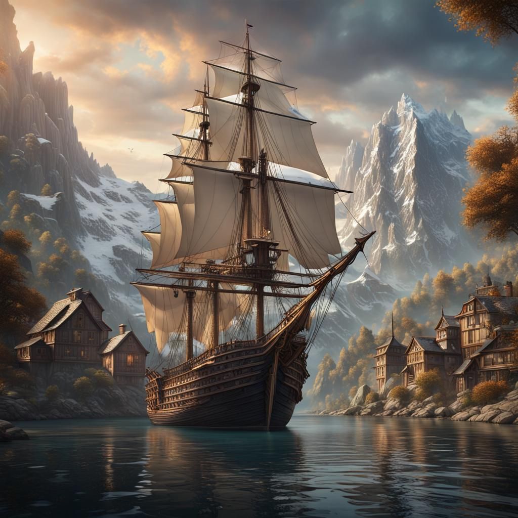 Majestic Sailing Ship in a Detailed Matte Painting