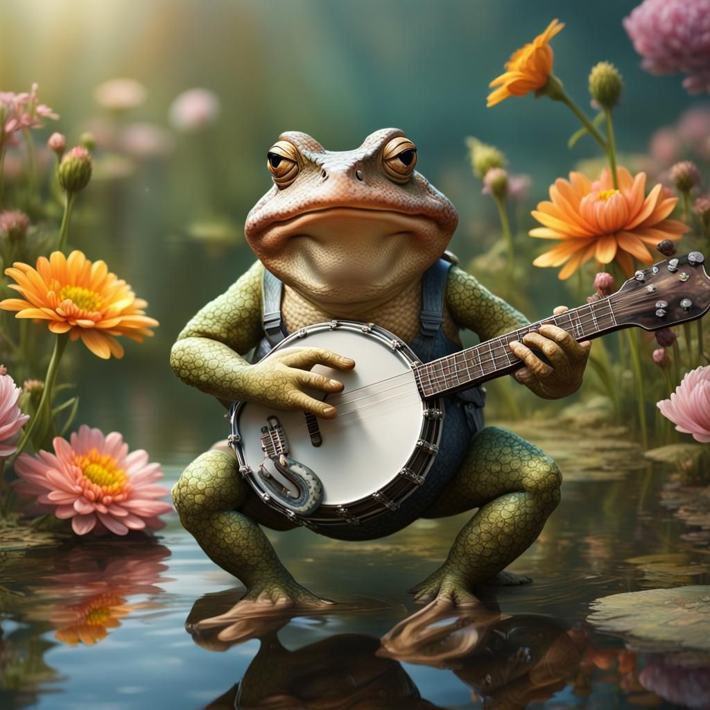 Hyperrealistic Toad Plays Banjo in Pond
