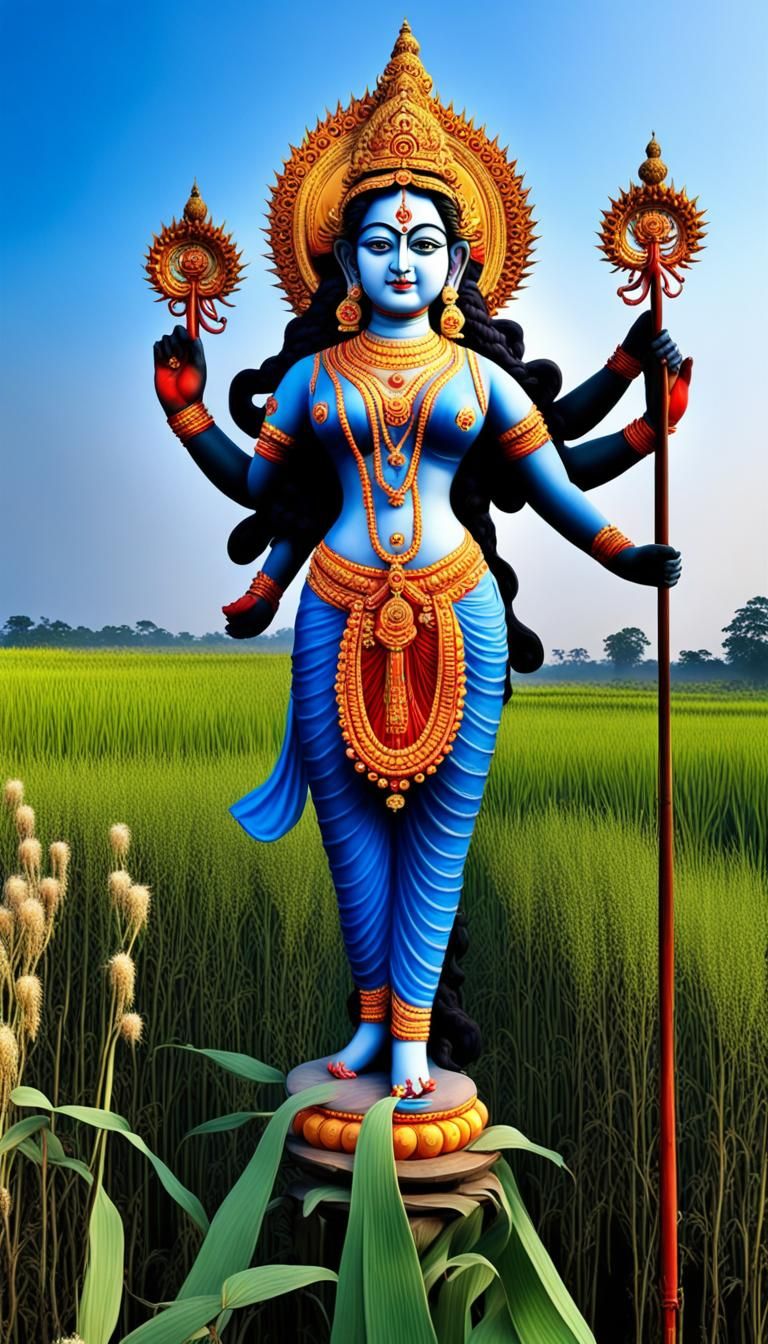 Goddess Durga with Catkin Flowers and Blue Sky