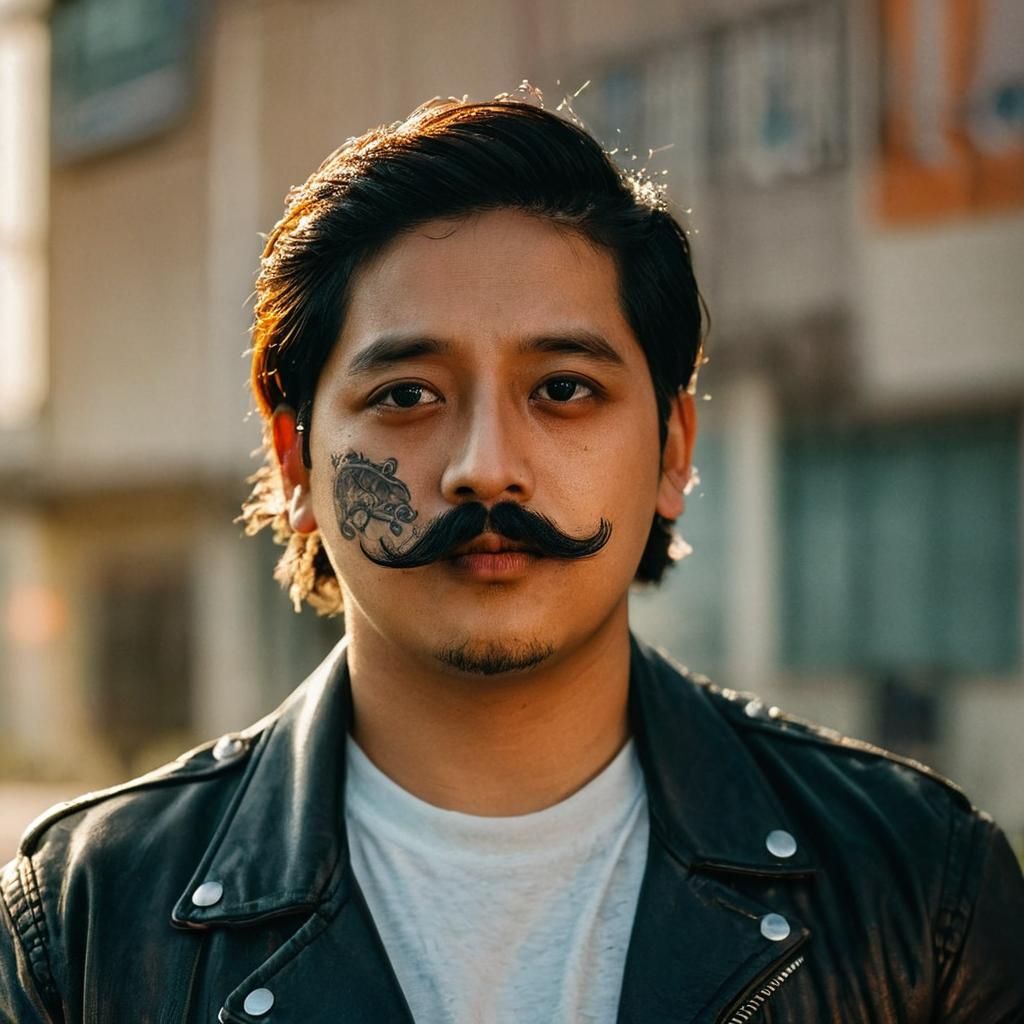 Biker with Tattoos in Cinematic Film Still