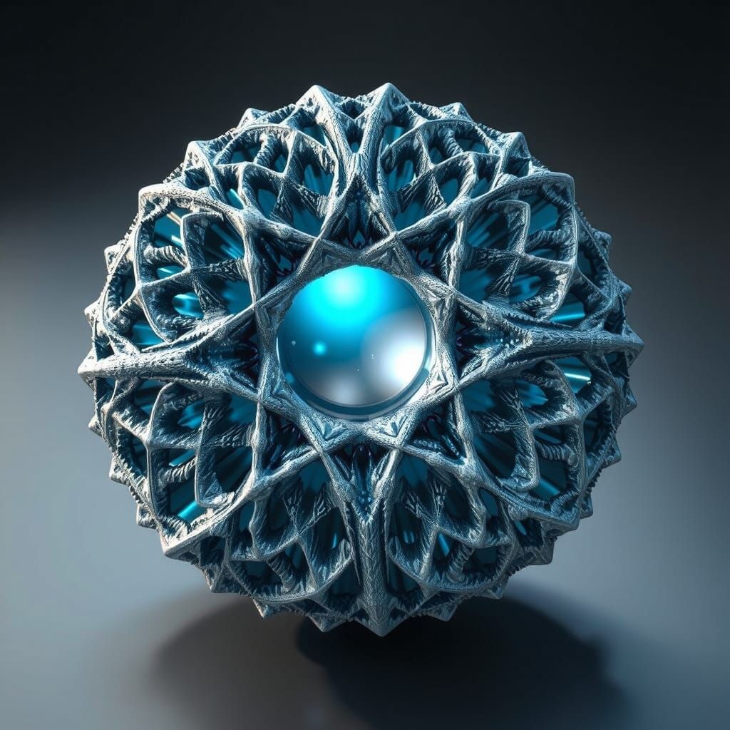 Floating Silver Fractal Sphere in 3D Render