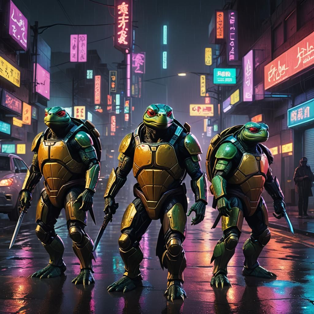 Neon Cyberpunk Ninja Turtles in Futuristic City