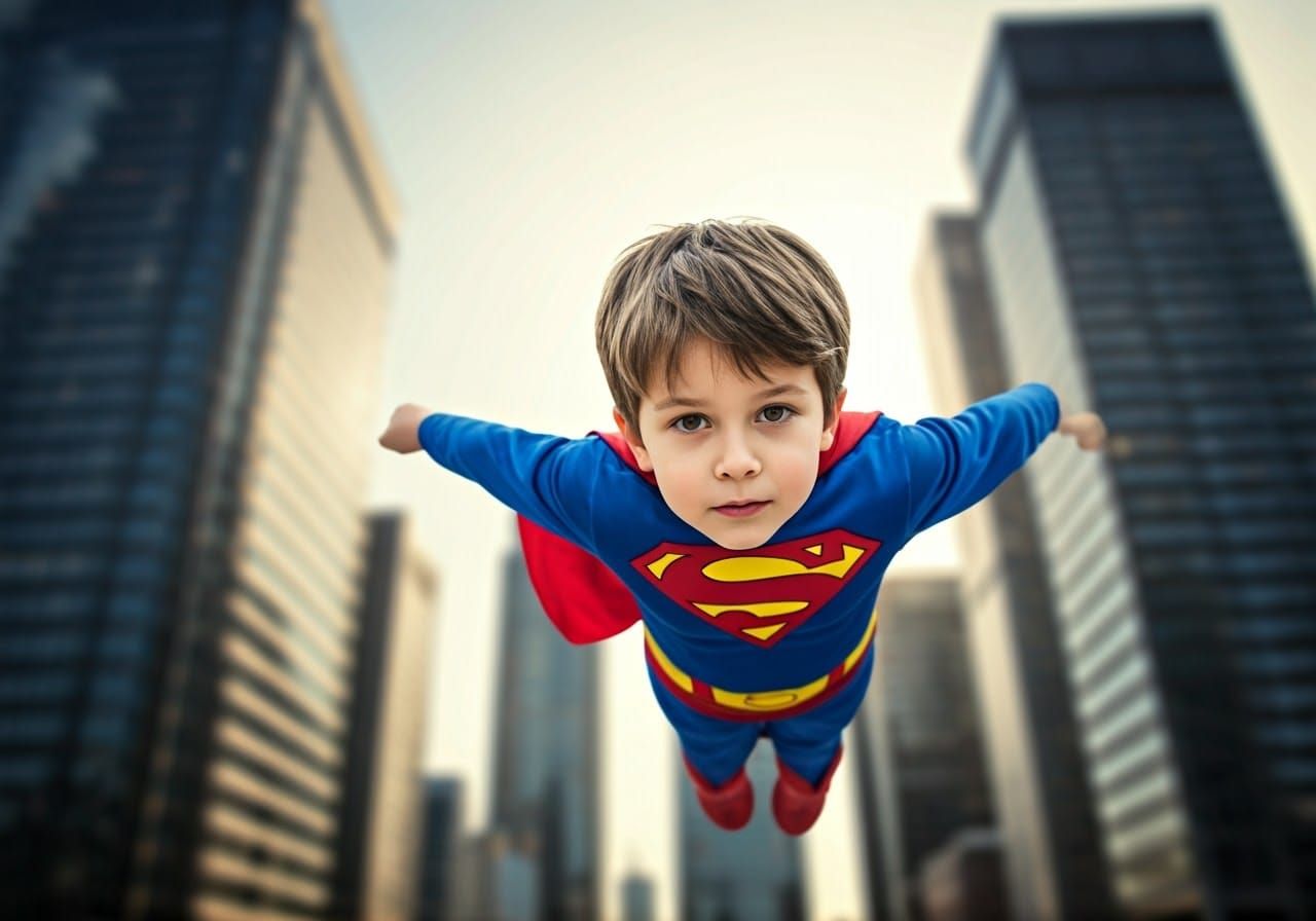 Boy in Superman Cape Soars Above City Skyscrapers
