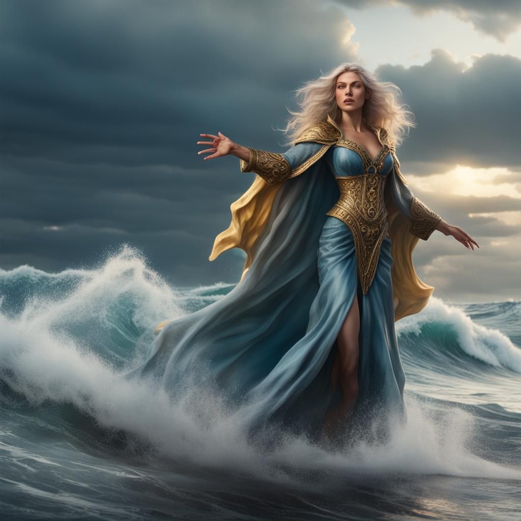 Sorceress Commands Ocean Waves in Hyperrealistic Style