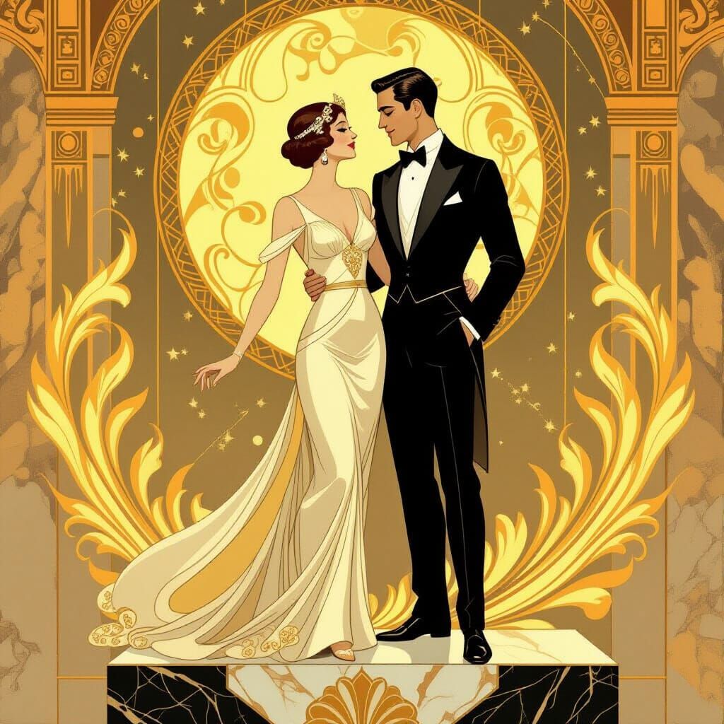 Art Deco Couple in Luminous Golden Fire