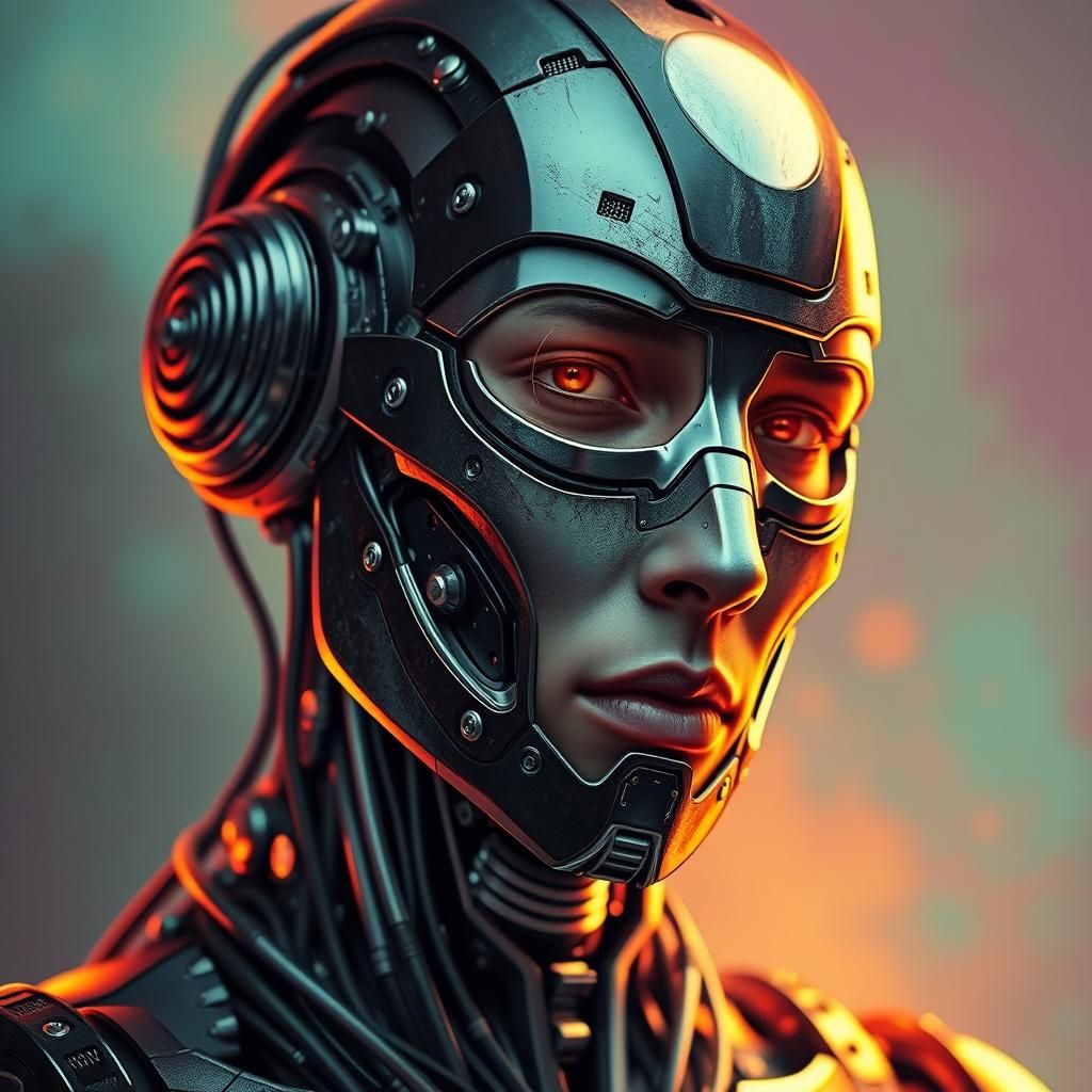 Hyperrealistic Cyborg Portrait in Gritty Digital Art Style