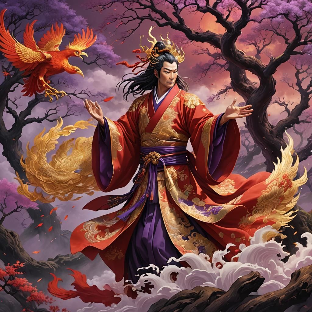 Onmyoji in Red Robes with Phoenix Embroidery