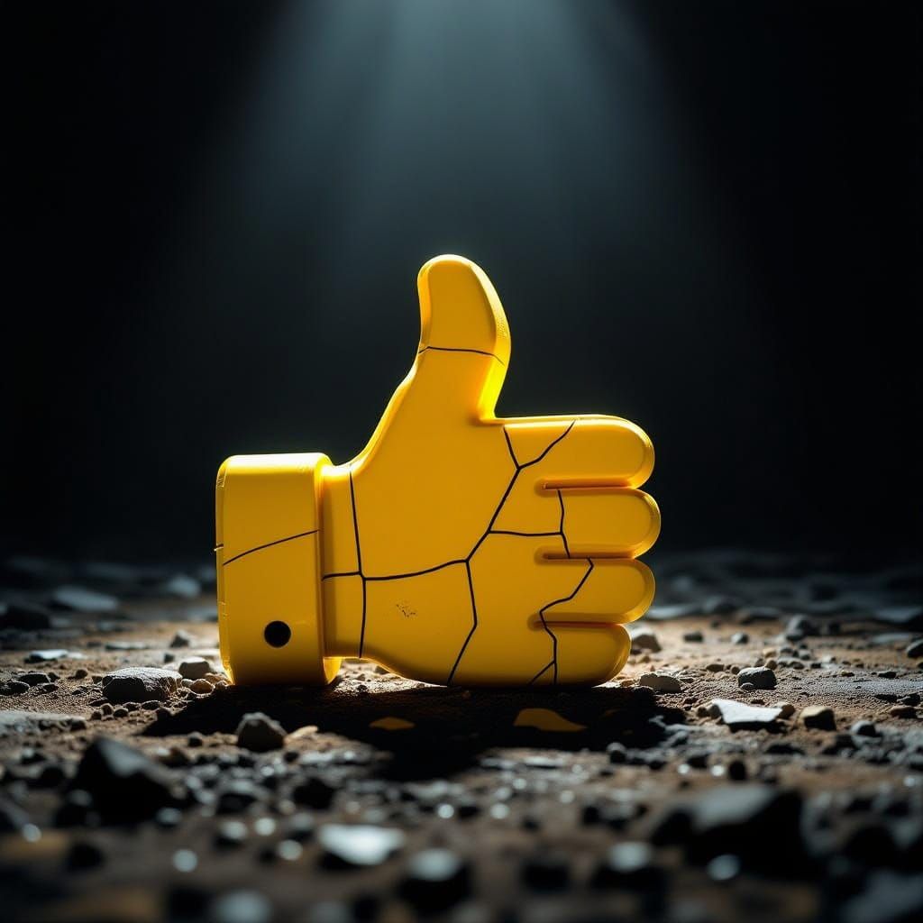 Broken Yellow Thumbs-Up Symbol in Dramatic Spotlight