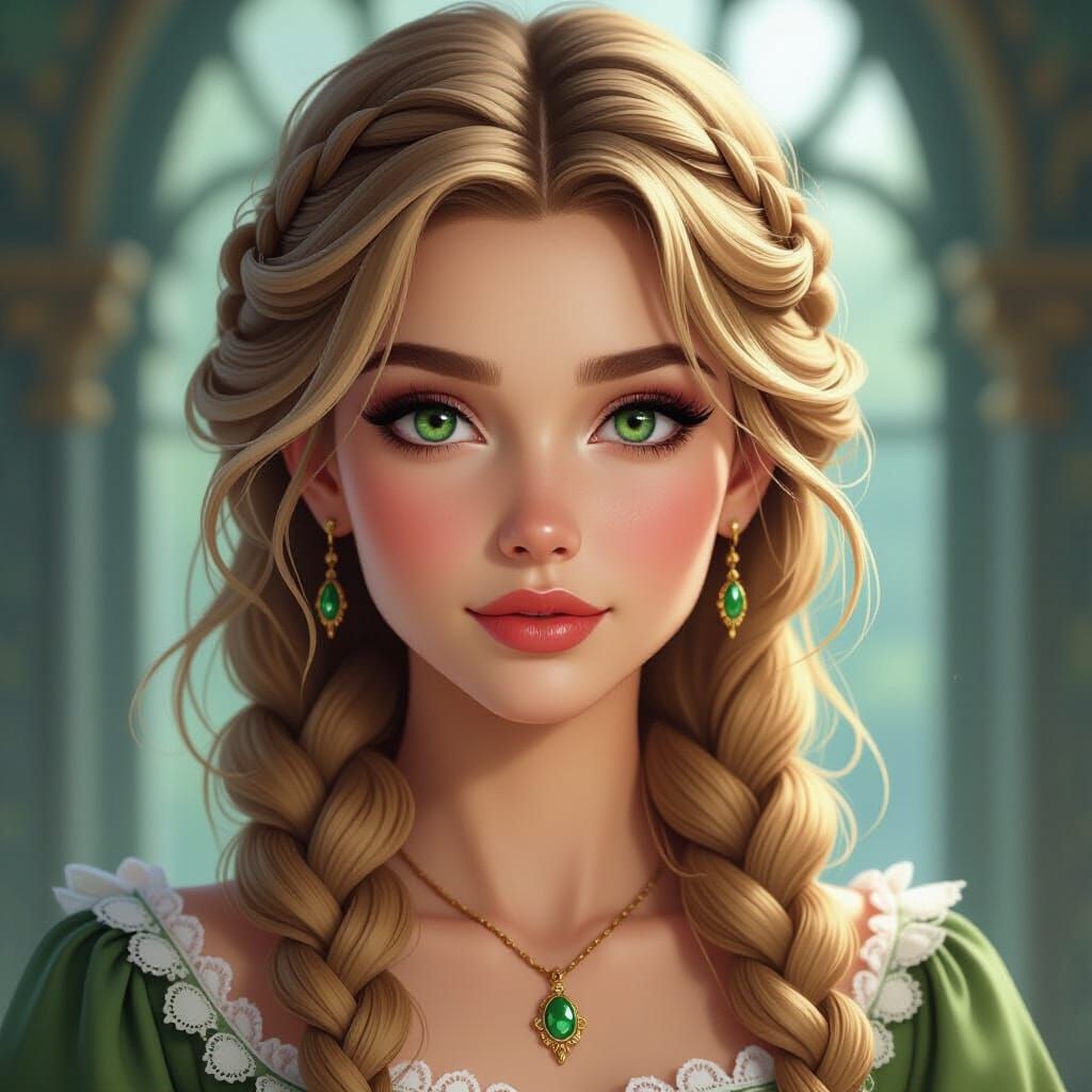 Medieval Princess Portrait with Wavy Blonde Hair and Green E...