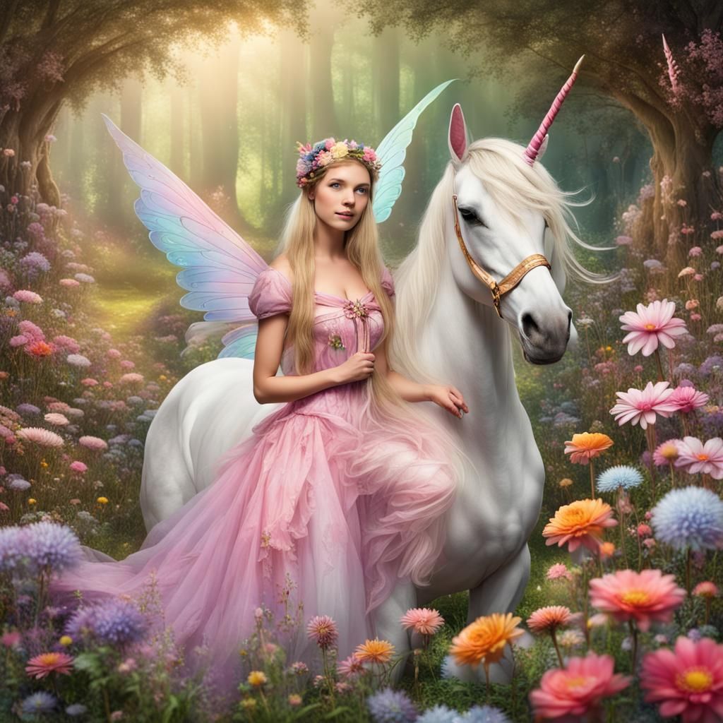 Fairy and Unicorn in Magical Flower Garden
